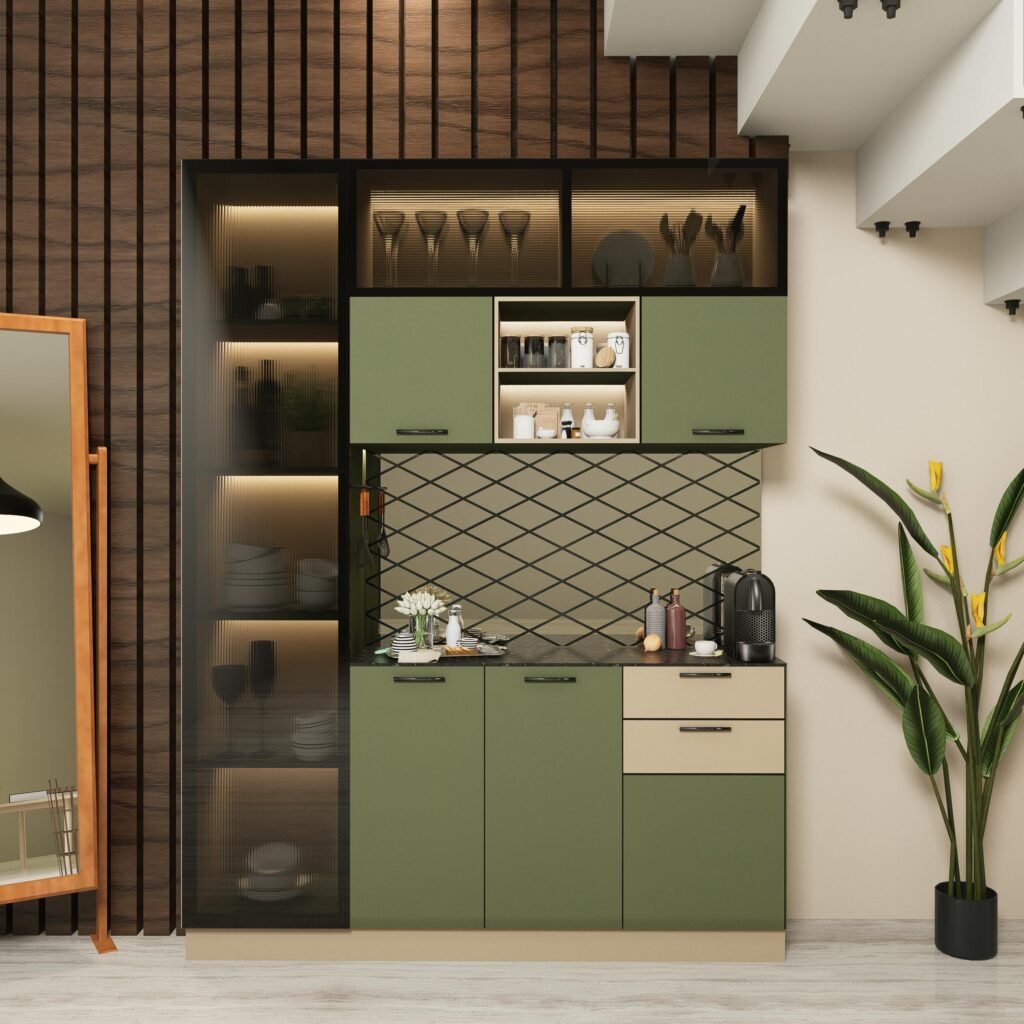 Stylish modern kitchen design featuring green cabinets, dark wood accents, and plant decor.